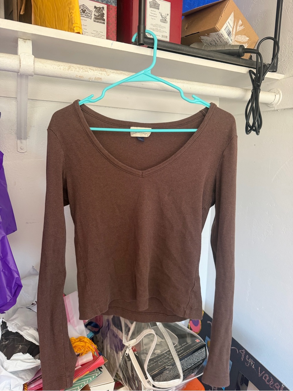 Women's V-Neck Long Sleeve Top — Brown